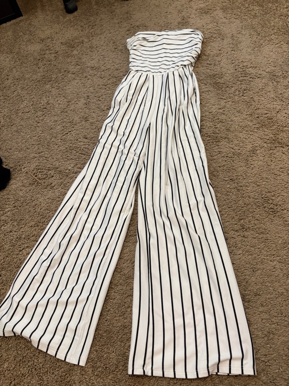 Striped White and Black Strapless Wide-Leg Jumpsuit
